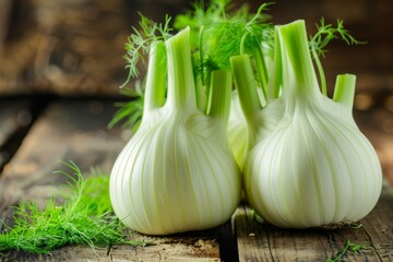 Fresh Florence fennel bulbs on wooden background Healthy benefits of fennel bulb