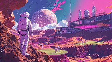 Comic-style image of astronauts on Mars with golf clubs, a rover, and Earth visible in the sky. - obrazy, fototapety, plakaty