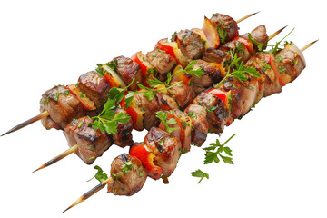 Skewer of Meat and Vegetables on White Background