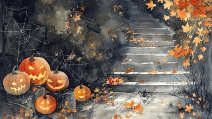 Artistic staircase with pumpkins and leaves, perfect for illustrating fall stories or themes.
