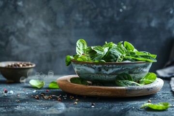 Fresh organic baby spinach in a bowl - obrazy, fototapety, plakaty