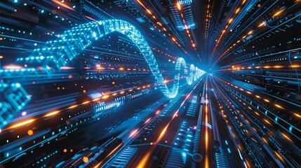 Fototapeta premium A DNA molecule surrounded by neon blue circuits represents the genetic key to future technological breakthroughs