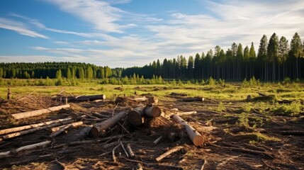Deforested area with stumps and discarded trees