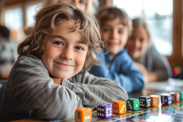 Close-up of a joyful boy with curly hair playing a board game with colorful dice, indoors and family in background