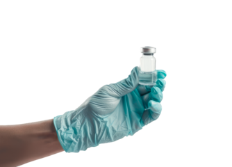 Doctor hand wearing medical glove holding vaccine vial on a cutout PNG transparent background