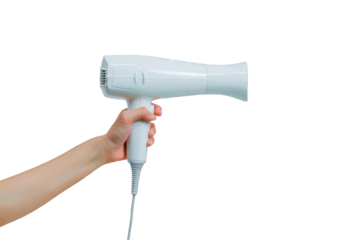 Woman's hand holding a white hair dryer isoalted on a cut out PNG transparent background