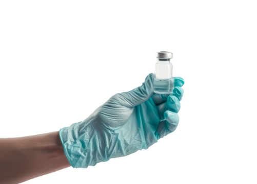 Doctor hand wearing medical glove holding vaccine vial on a cutout PNG transparent background
