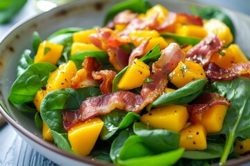 Fresh spinach salad with bacon and mango