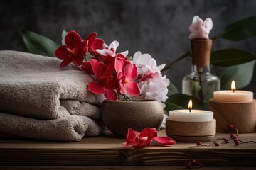 Obraz na płótnie Canvas Spa composition with soft towels, candle and a beautiful flower