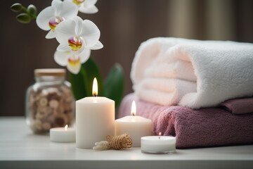 Fototapeta na wymiar Spa concept with a soft towel, candles and flowers