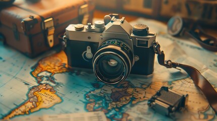 A vintage camera sits on a detailed world map. The camera is old and has a brown leather strap.