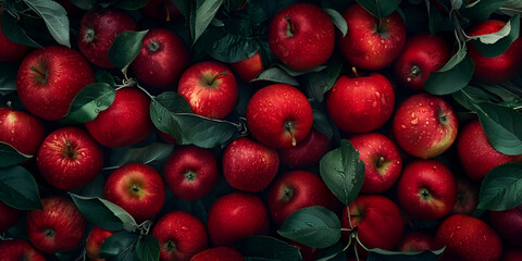 Top view of Top view of bright ripe fragrant red apples with water drops as background Red apple patterns