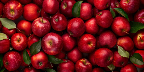 Top view of Top view of bright ripe fragrant red apples with water drops as background Red apple patterns