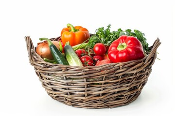 Fototapeta na wymiar Fresh vegetables in wicker basket on white background