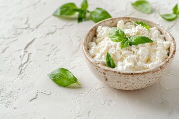 Fresh vegetarian ricotta or cottage cheese with basil homemade and ready to eat on a light background A nutritious and healthy diet option