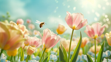Obraz premium Bee and flowers with beautiful morning light .