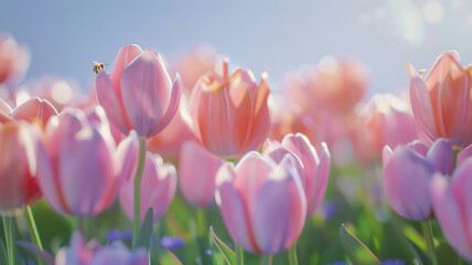 Obraz premium Bee and flowers with beautiful morning light .