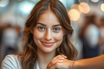 Obraz premium Delightful young woman with freckles smiles genuinely in a social setting