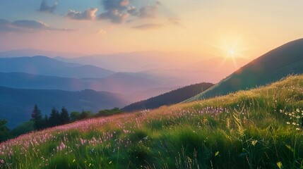Obraz premium Mountain valley during sunrise. Natural summer.