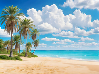 Obraz premium Palm trees on a sandy beach with blue ocean and cloudy blue skies design. Idyllic panoramic view for spring break design and summer vacation background design.