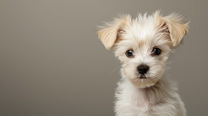 A cute and adorable white puppy with big brown eyes is looking at the camera with a curious expression. Its fur is fluffy and looks very soft.