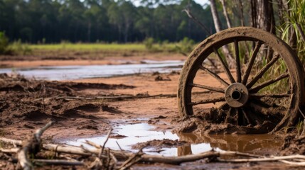 Fototapeta premium Antique cartwheel embedded in muddy ground