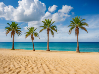 Palm trees on a sandy beach with blue ocean and cloudy blue skies design. Idyllic panoramic view for spring break design and summer vacation background design.