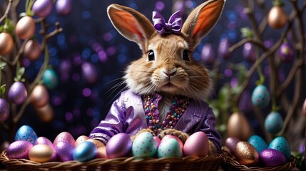 Easter Bunny with Easter Eggs - obrazy, fototapety, plakaty