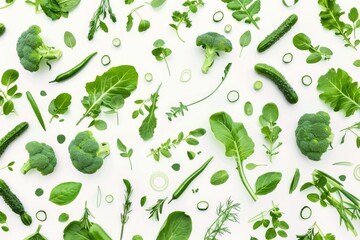 Top view of an assortment of fresh greens and vegetables like broccoli, cucumber, and spinach on a white background. Variety of Fresh Greens and Vegetables Flat Lay