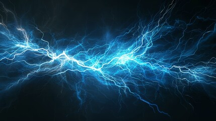 Blue lightning strikes against a black background. The lightning is bright and has a lot of detail. The background is dark and mysterious.