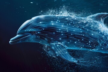 Blue technology concept brings a dolphin and wave to life illustrating the elegance of aquatic cybernetics - obrazy, fototapety, plakaty