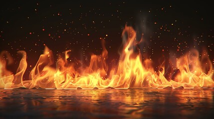 Fire on the wet ground. The fire is bright and there are sparks flying around. The background is black.