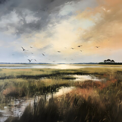 Tranquil salt marsh at sunset: A serene landscape with birds soaring - obrazy, fototapety, plakaty