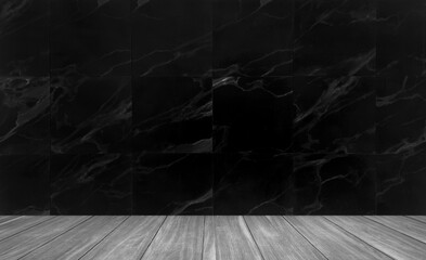background for photo studio with white grey wooden floor and black marble wall tile. empty marble wall room studio background and wood floor perspective, well editing montage for product displayed.