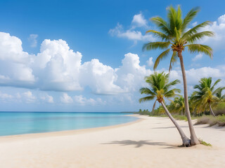 Fototapeta premium Palm trees on a sandy beach with blue ocean and cloudy blue skies design. Idyllic panoramic view for spring break design and summer vacation background design.