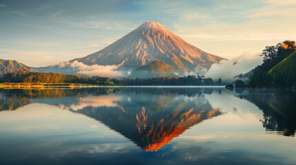 Volcanic Mountain in morning light reflects infront of a sea
