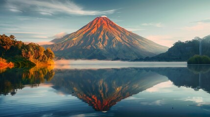 Volcanic Mountain in morning light reflects infront of a sea