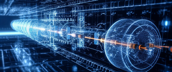 A blue and orange tube with a lot of numbers and lines. The tube is a representation of a particle accelerator
