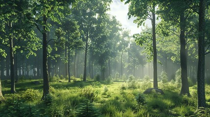 The sun shines through the tall trees in the forest. The lush green leaves of the trees create a dense canopy that blocks out most of the sunlight. - Powered by Adobe
