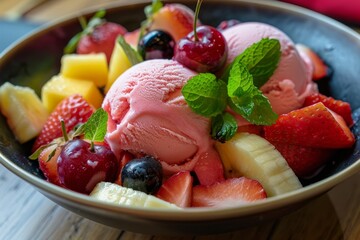 Fruit salad with cherry ice cream scoops