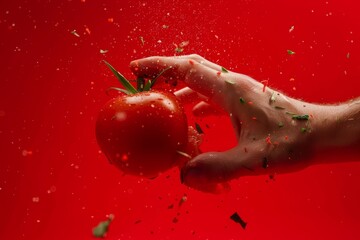 Dramatic image of a hand catching a ripe tomato with splashing water droplets on a vibrant red background. Hand Catching Tomato with Splashing Water Droplets