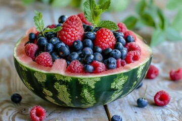 Fruit salad with watermelon melon raspberries and blueberries in a watermelon bowl with blurred...