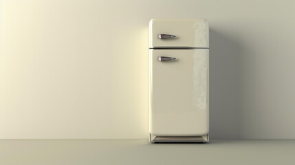 This is a 3D rendering of a retro refrigerator. The fridge is cream-colored and has two doors.
