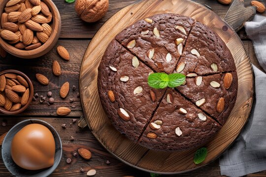 Gluten free Italian chocolate almond cake served on rustic wooden board