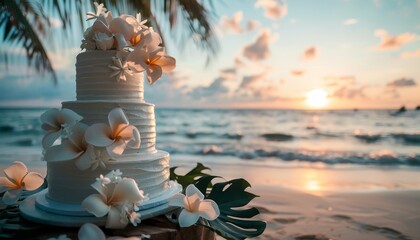 Gorgeous beach wedding cake with couple on table in tropical setting - obrazy, fototapety, plakaty