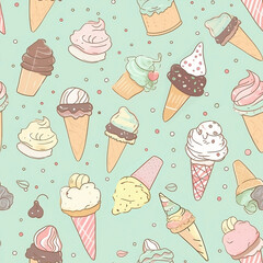 Seamless pattern with ice cream, in 2d style, hand drawn style