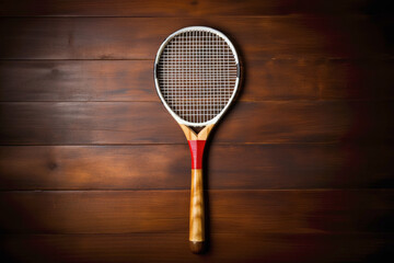 tennis racket with white strings rests on a wooden surface.