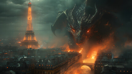 Paris, France personified as a mighty dragon, blending the iconic landmarks and features of the city - obrazy, fototapety, plakaty