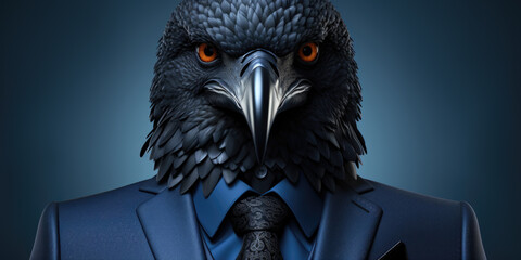 serious black eagle in a strict business suit, tie on a blue background