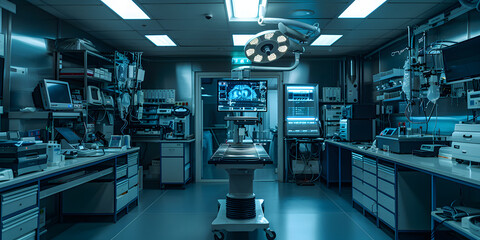 wide angle photo of dark lab with large white diagnostic instruments
